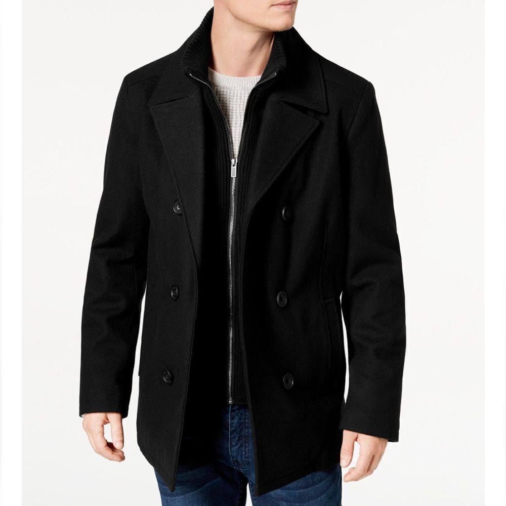 Kenneth Cole Men's Double Breasted Wool Blend Peacoat with Bib size L NWT in pkg